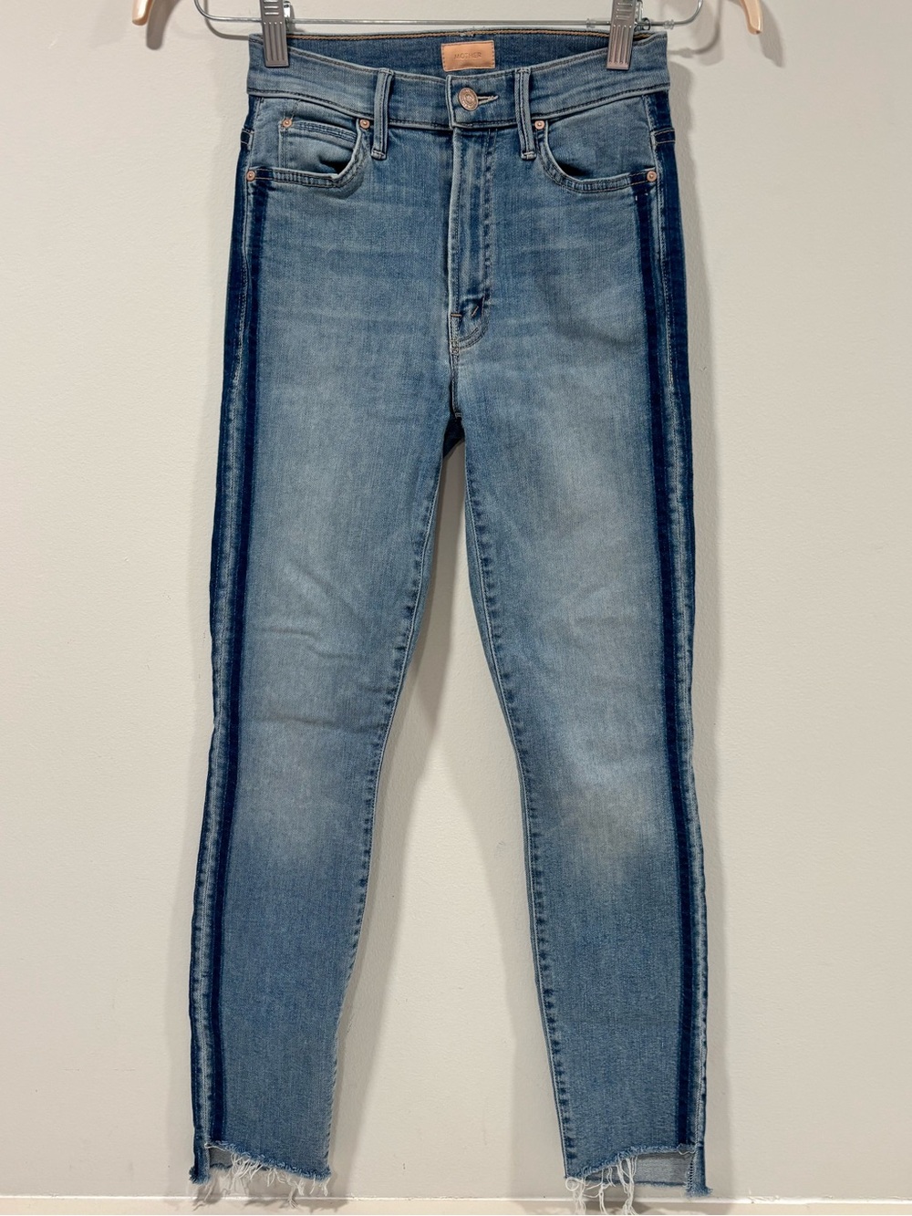 MOTHER The Stunner Zip Ankle Step Fray Jeans Light Kitty Racer Size 24